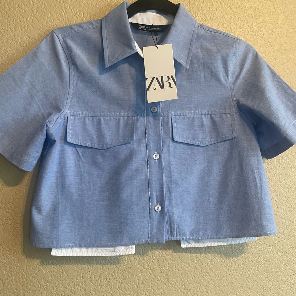 Zara Blue Button Down Shirt Short Sleeve Relaxed Fit